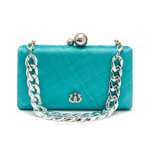 Bolsa Clutch Em Ráfia E Corrente Turquesa