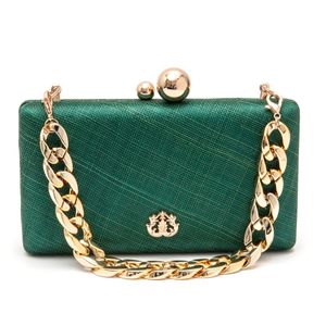 Bolsa Clutch Em Ráfia E Corrente Esmeralda
