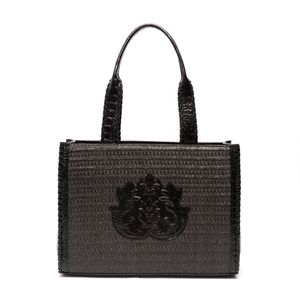 Bolsa Maxi Tote Ravena Em Palha E Couro Preto
