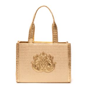 Bolsa Maxi Tote Ravena Em Palha E Couro Ouro