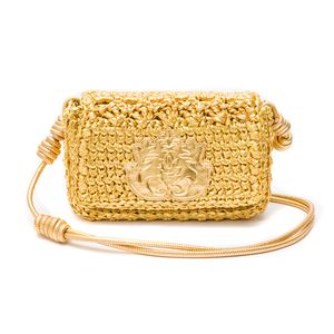 Bolsa Baguete Em Crochê - Mica Lame Ouro C Couro Ouro