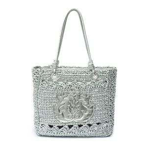 Bolsa Tote Em Crochê - Mica Lame Prata C Couro Prata