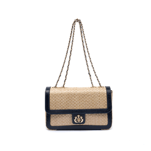 Bolsa Anne Jumbo Em Palha Damier Couro Marinho