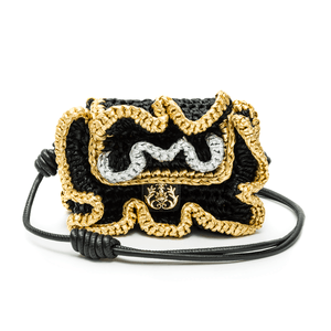 Mini Bolsa Peplum Clássica Metalizada Preto + Ouro + Prata