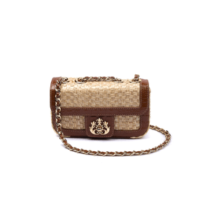Mini Bolsa Anne Em Palha Palha Damier Croco Caramelo