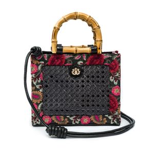 BOLSA DIANA MÉDIA PALHA FIORI BORDADA E SEXTAVADA FRIDA PRETO
