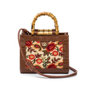 BOLSA DIANA MÉDIA PALHA FIORI BORDADA E COURO FRIDA CARAMELO