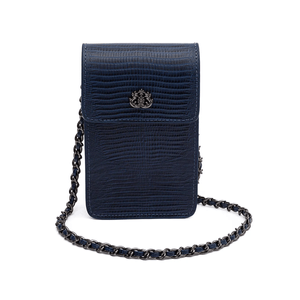 PHONE POUCH COM TAMPA EM COURO LIZARD MARINHO